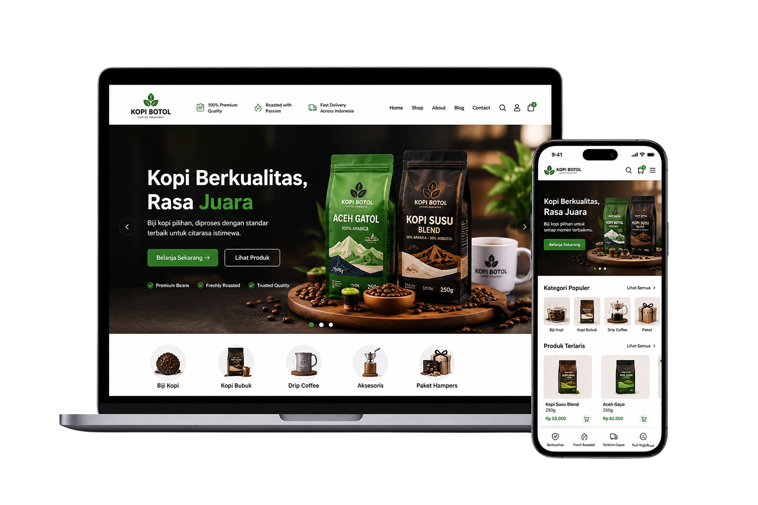 Jasa pembuatan website toko online Yopdesign – tampilan toko di laptop dan smartphone